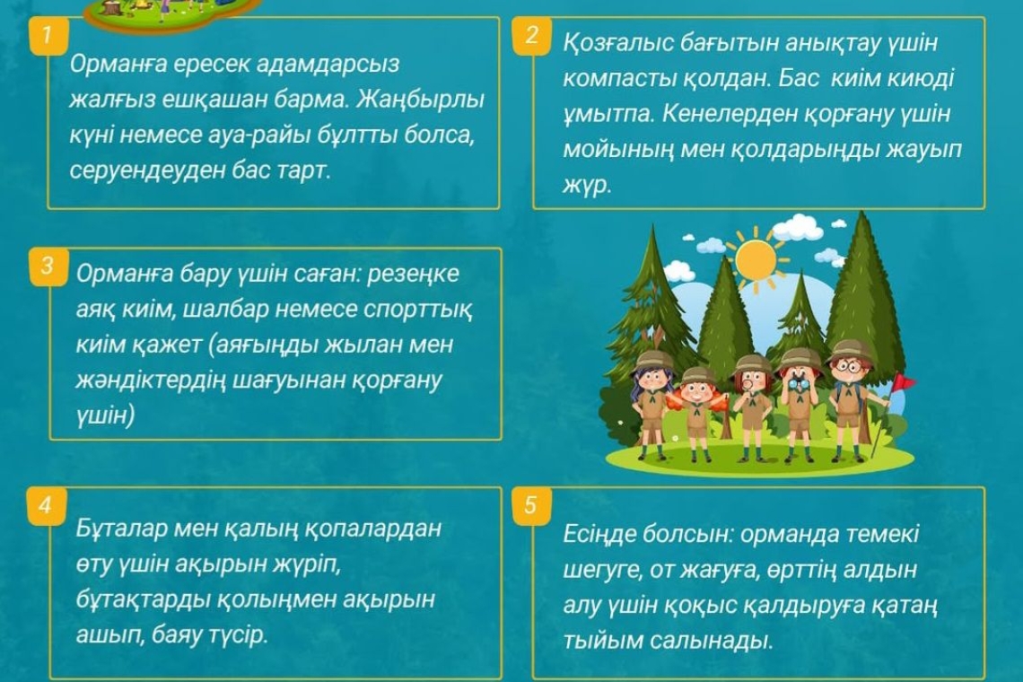 Орманда қауіпсіздік шараларын сақтау маңызды. Ата-аналар мен балаларды ормандағы мінез-құлық ережелерімен танысуға және оларды қатаң сақтауға шақырамыз.